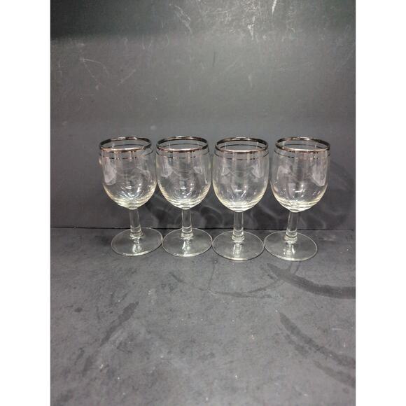 Silver‎ Rimmed Cocktail Glasses Stemware, Set of 4, Midcentury Barware, 4 Oz - Picture 3 of 9